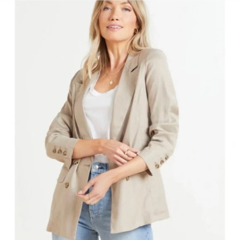 Evereve Alexa tan herringbone linen-blend double breasted blazer